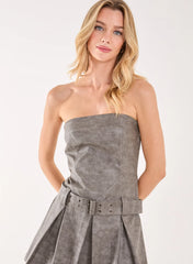 Stone Wash Bandeau Pleat Mini Dress