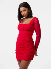 Long Sleeve Gathered Mesh Mini Dress