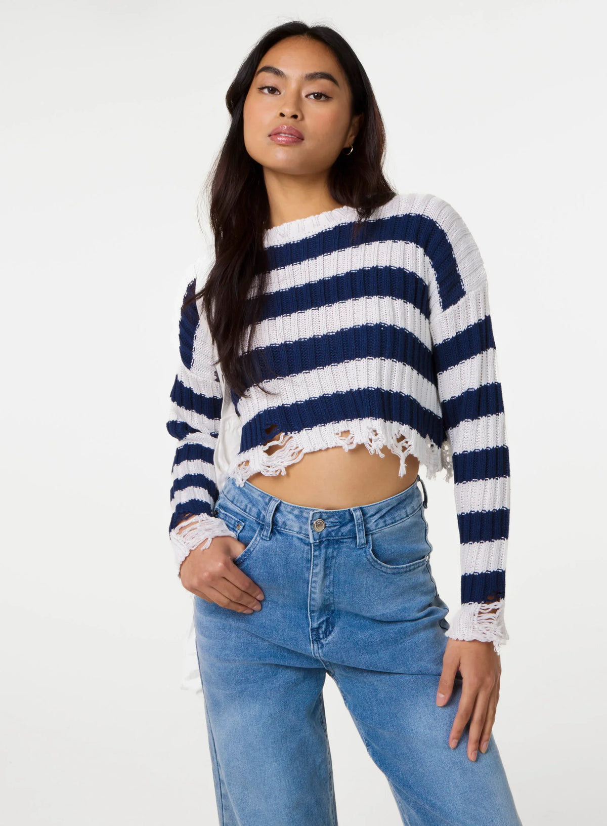Distressed Striped Crop Knit Jumper