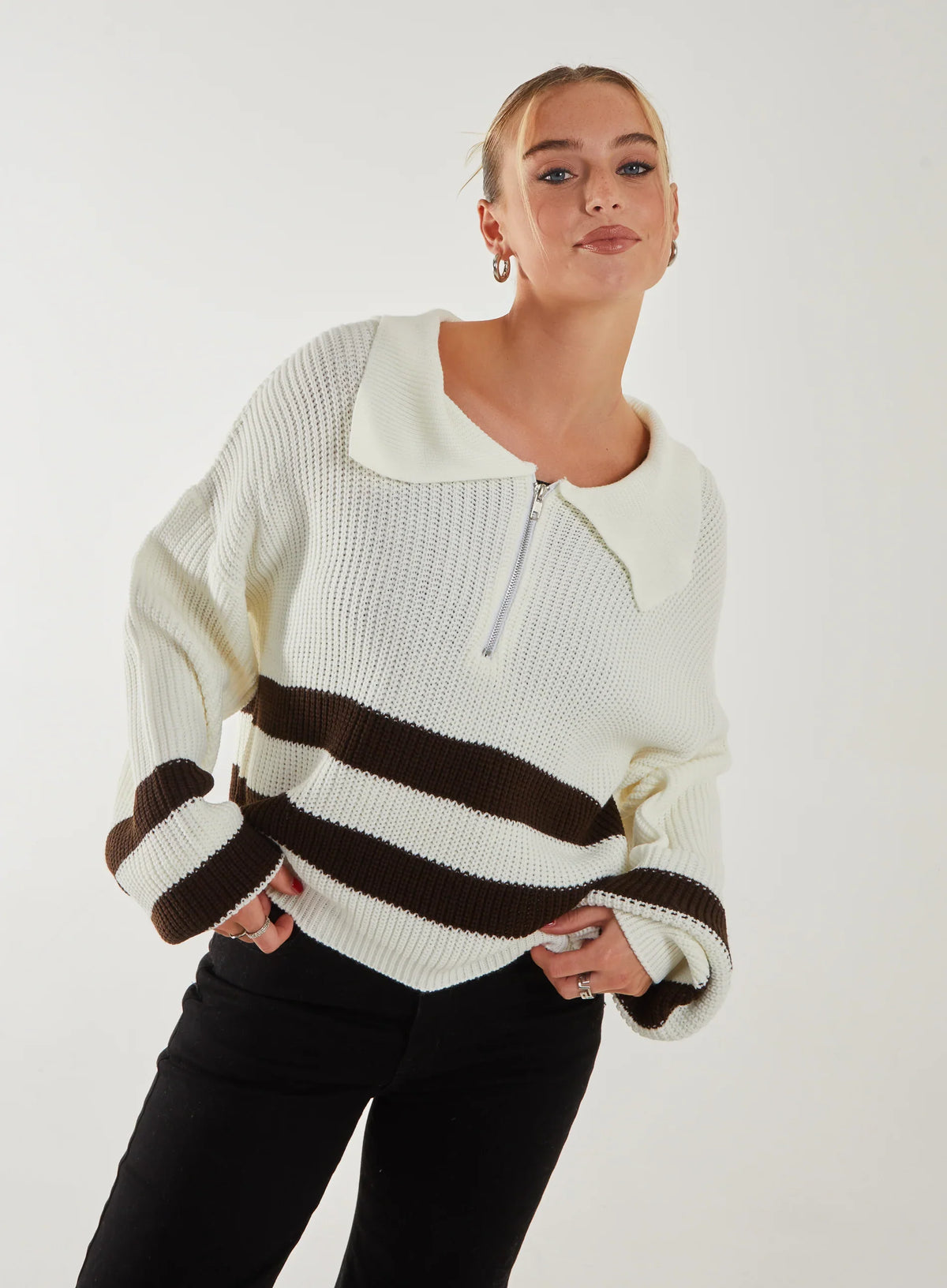 Striped Zip-Up Collar Knitted Jumper