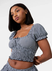 Gingham Puff Sleeve Crop Top