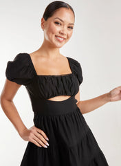Puff Sleeve Peekaboo Tiered Mini Dress
