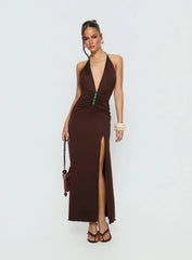 Sasami Halter Plunge Maxi Dress Chocolate