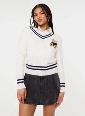 Contrast V-Neck Teddy Jumper
