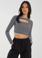 Striped Rib Letterbox Long Sleeve Crop Top