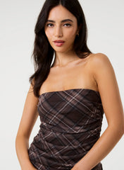 Check Bandeau Ruffle Mini Dress