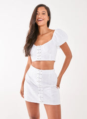 Lace Up Corset Puff Sleeve Broderie Crop Top