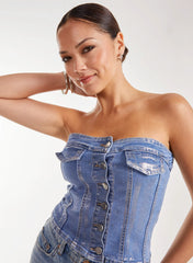 Metallic Silver Foil Denim Corset Top
