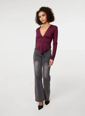 Stretch V Neck Hanky Hem Top
