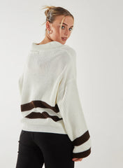 Striped Zip-Up Collar Knitted Jumper