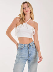 Halter Neck Broderie Frill Hem Crop Top