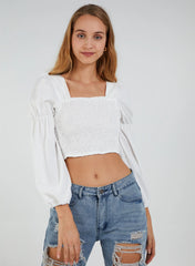 Cropped Ruched Top With Balloon Sleeves