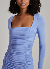 Square Neck Long Sleeve Gathered Mini Dress