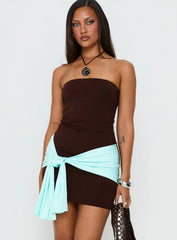 Teeah Strapless Tie Detail Contrast Mini Dress Brown / Blue