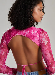 Graphic Floral Long Sleeve Backless Bodysuit