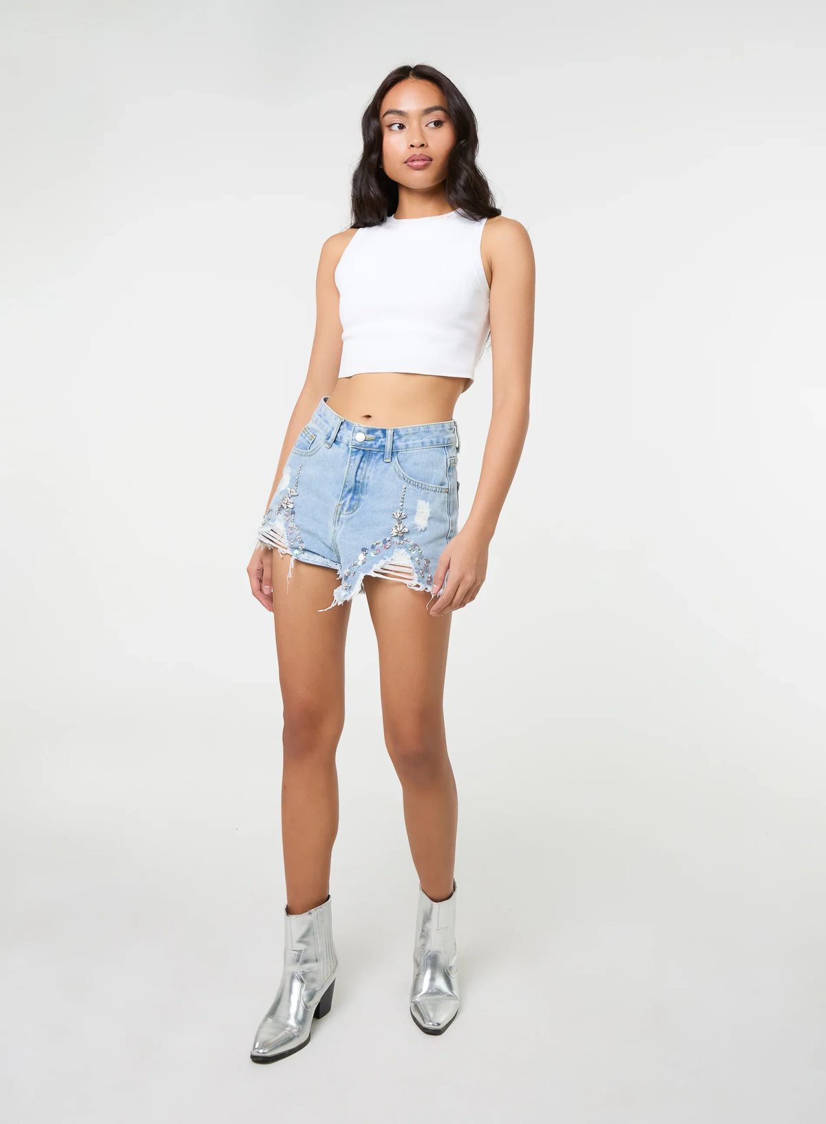 Denim Embellished Distressed Shorts