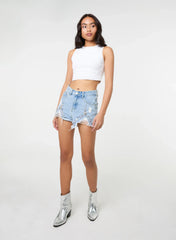 Denim Embellished Distressed Shorts