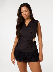 Stone Buckle Cross Over Slinky Top