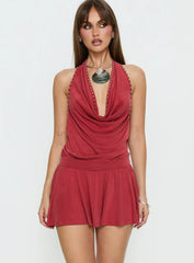 Khoda Studded Halter Mini Dress Burgundy