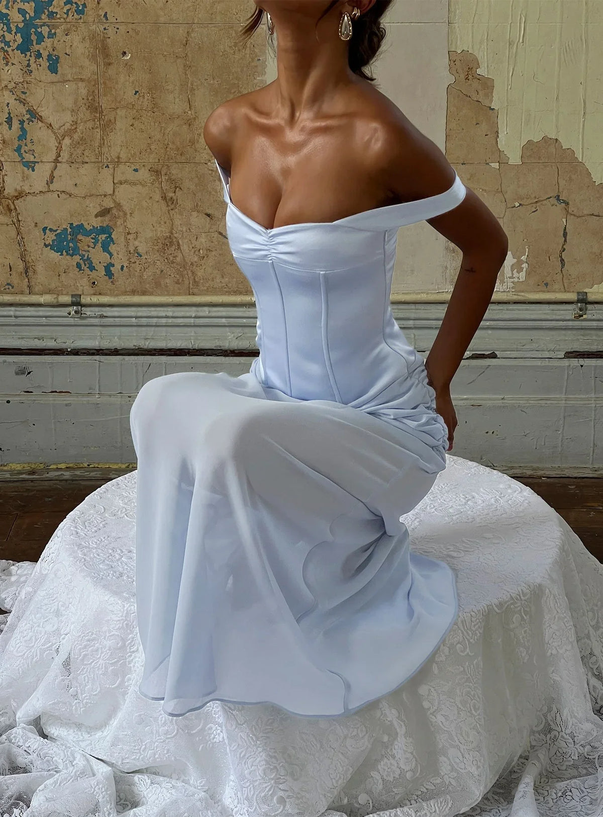 Angiola Corset Off Shoulder Maxi Dress Blue