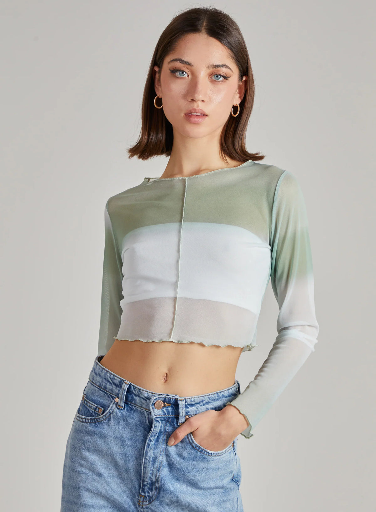 Ombre Exposed Long Sleeve Mesh Crop Top