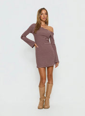 Adrietta Long Sleeve Off Shoulder Mini Dress Chocolate / Pink Stripe