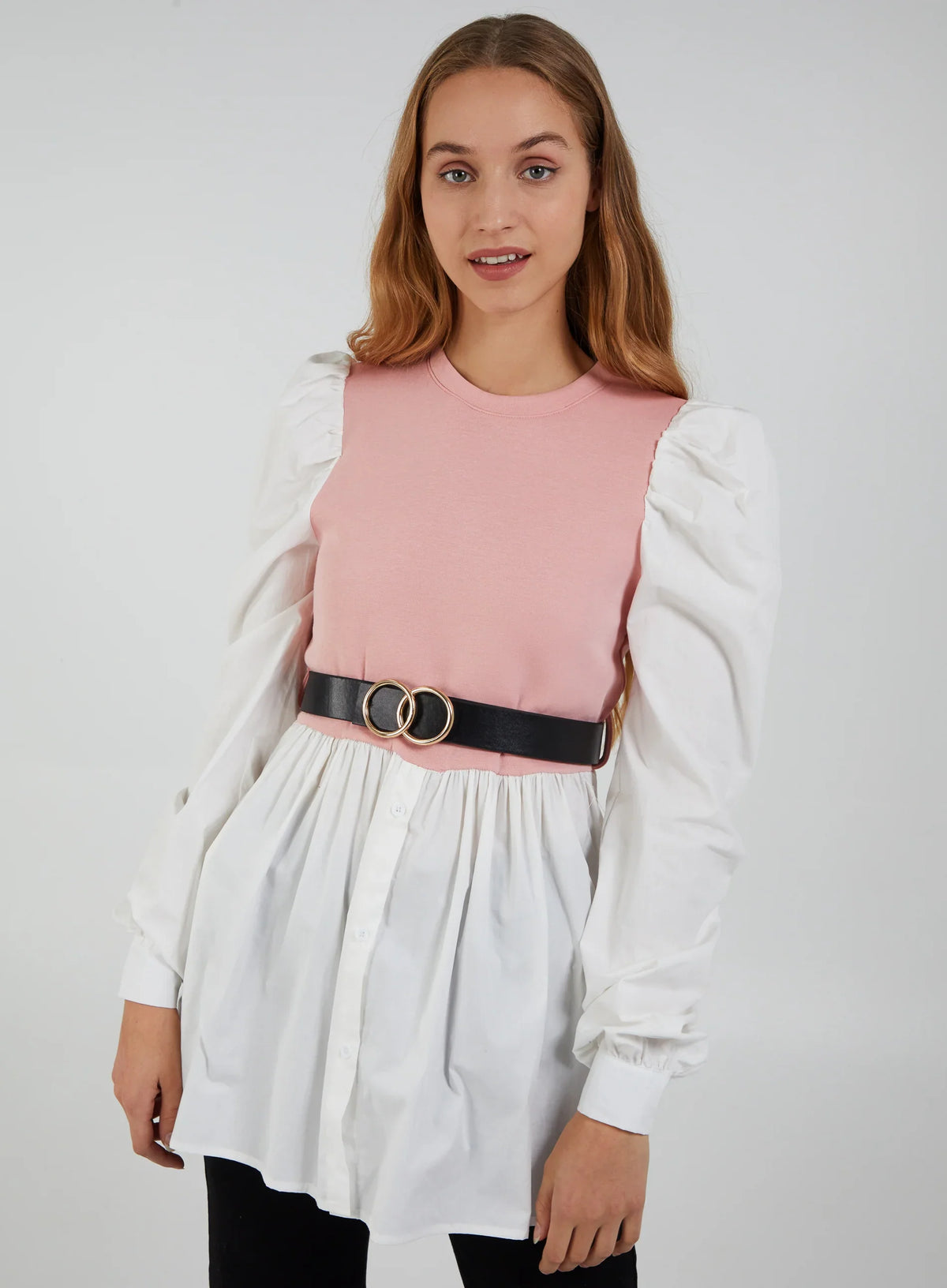 2-1 Puff Sleeve Shirt & Jumper Belted Top