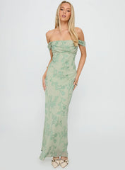 Azura Off The Shoulder Maxi Dress Green Burnout