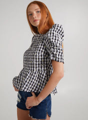 Black Check Tie Back Peplum Blouse