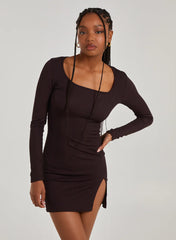 Ribbed Split Hem Square Neck Long Sleeve Dress