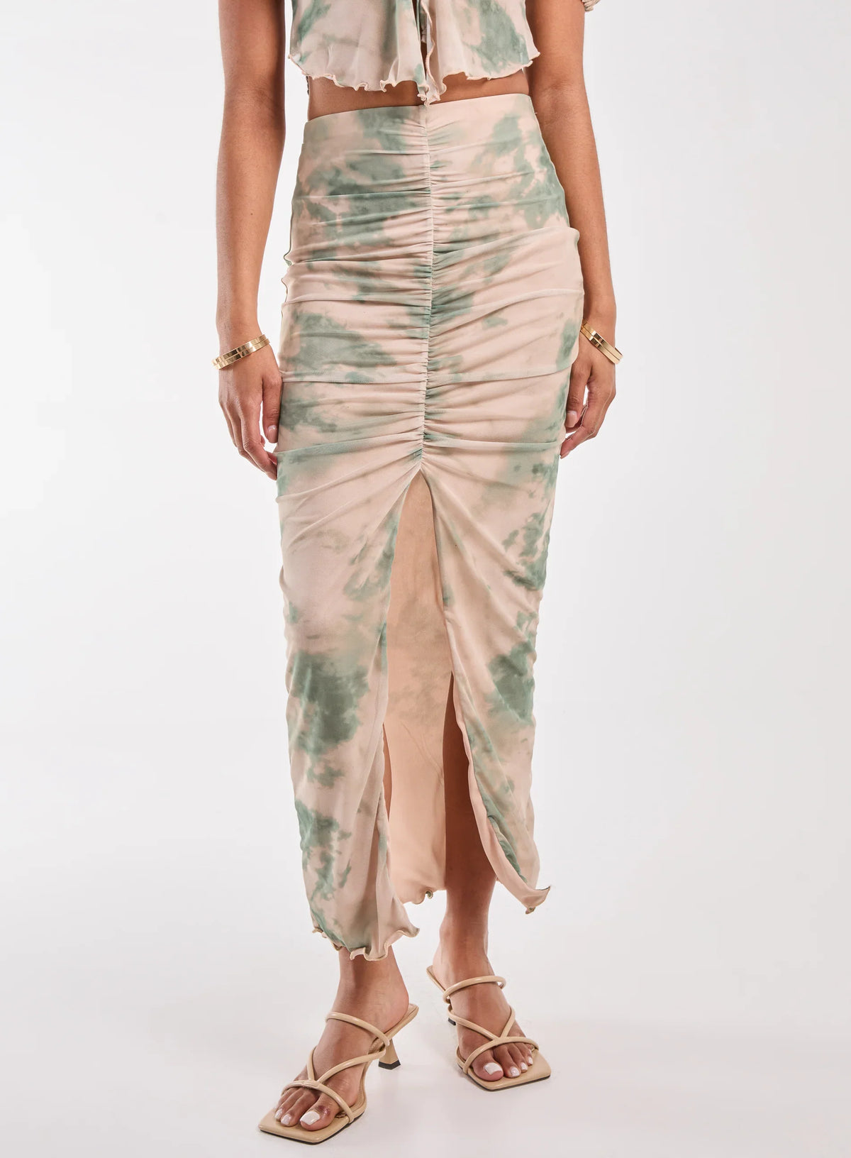 Tie Dye Ruched Split Maxi Skirt