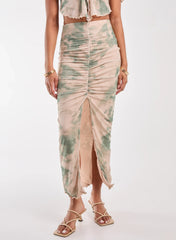 Tie Dye Ruched Split Maxi Skirt