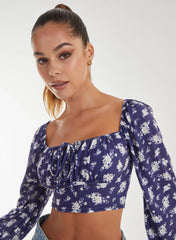 Floral Printed Milkmaid Long Balloon Sleeve Top