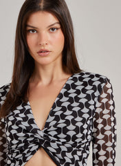 Printed Long Sleeve Twist Front Top