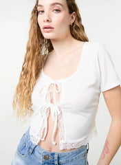 Ribbed Lace Tie Front Top