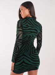 Flocked Zebra Long Sleeve Mini Dress