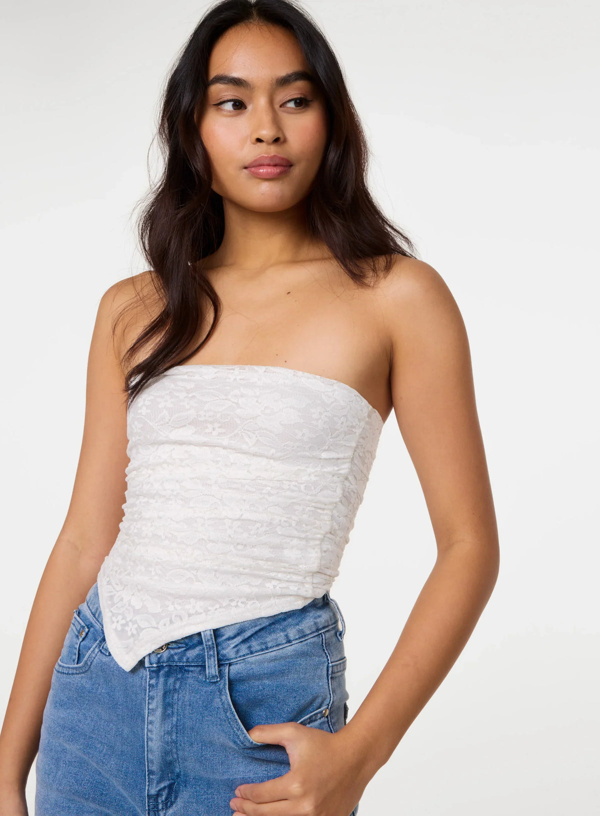 Ruched Side Bandeau Lace Top
