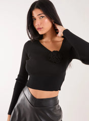 Corsage Knit Long Sleeve Top