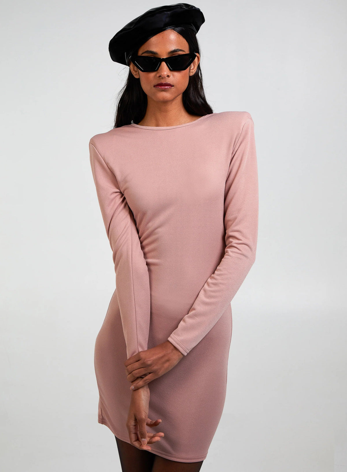 Scoop Neck Long Sleeve Shoulder Pad Dress