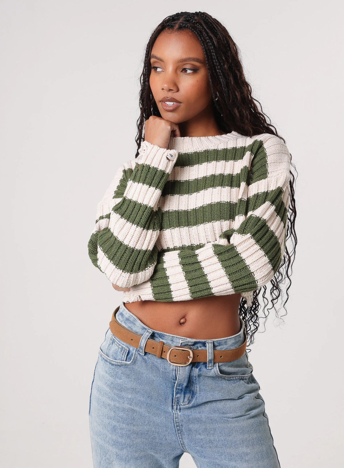 Distressed Striped Crop Knit Jumper