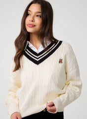V Neck Cable Knit Teddy Jumper