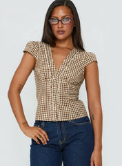 Bradlie Frill Detail Short Sleeve Blouse Top Chocolate Gingham