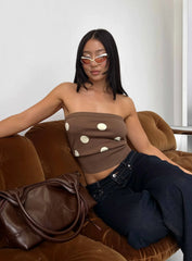 Tahlie Cinched Strapless Knit Top Brown Polka Dot