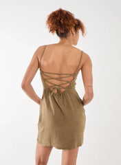 Linen Ruched Strappy Mini Dress