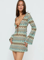Rizario Long Sleeve Crochet Mini Dress Blue Multi