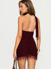 Loraina Scarf Beaded Mini Dress Burgundy