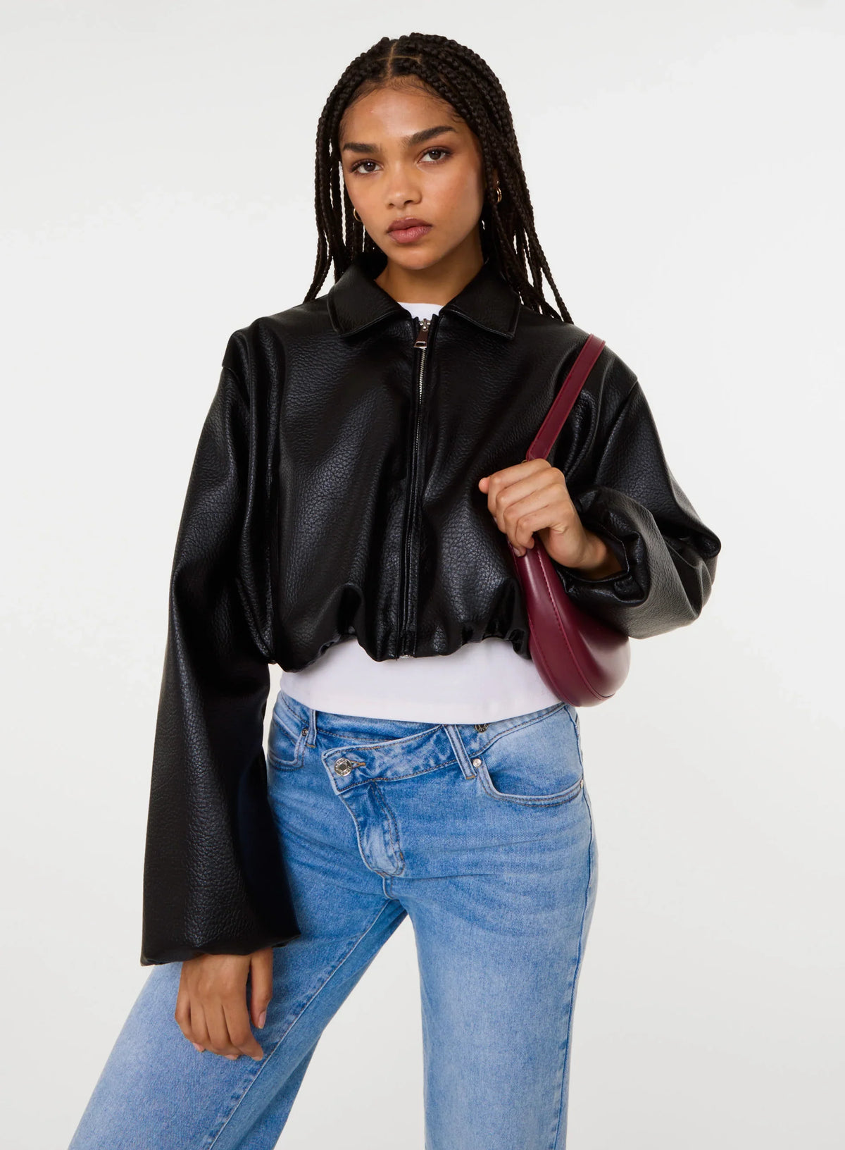 Faux Leather Puffball Jacket