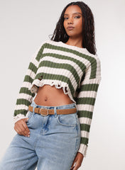Distressed Striped Crop Knit Jumper