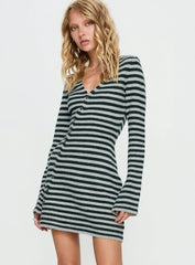 Morgen Asymmetrical Long Sleeve Mini Dress Grey / Green Stripe