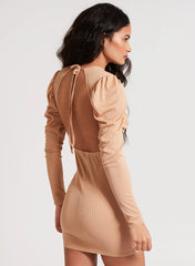 Ribbed Open Back Padded Shoulder Dress